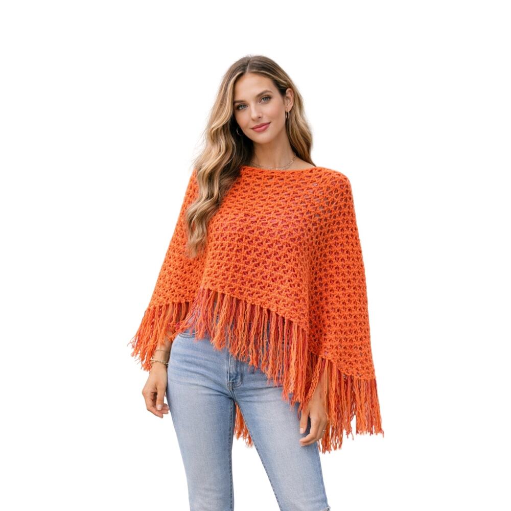 Handmade Crochet Fringe‎ Poncho Orange Pink Boho Retro Fall Layering